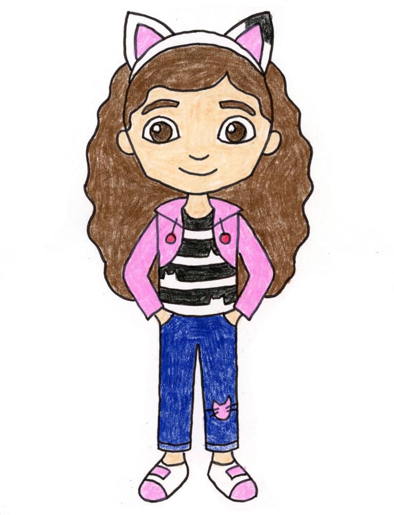 Finished cartoon-style Gabby drawing from how to draw Gabby and her dollhouse lesson