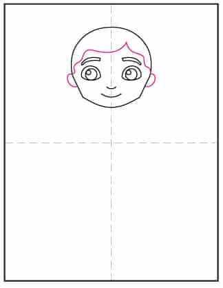 Step 3 of how to draw Gabby and her dollhouse—draw ears and wavy hairline.