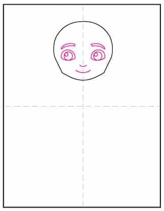 Step 2 of how to draw Gabby and her dollhouse—add cartoon eyes, nose, and mouth