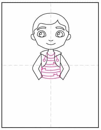 Step 5 of how to draw Gabby and her dollhouse—add cartoon shirt under jacket.