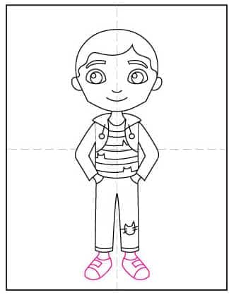 Step 7 of how to draw Gabby and her dollhouse—add her shoes in simple cartoon style.