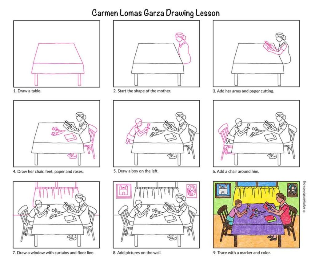 Preview of step-by-step Carmen Lomas Garza drawing lesson download for kids