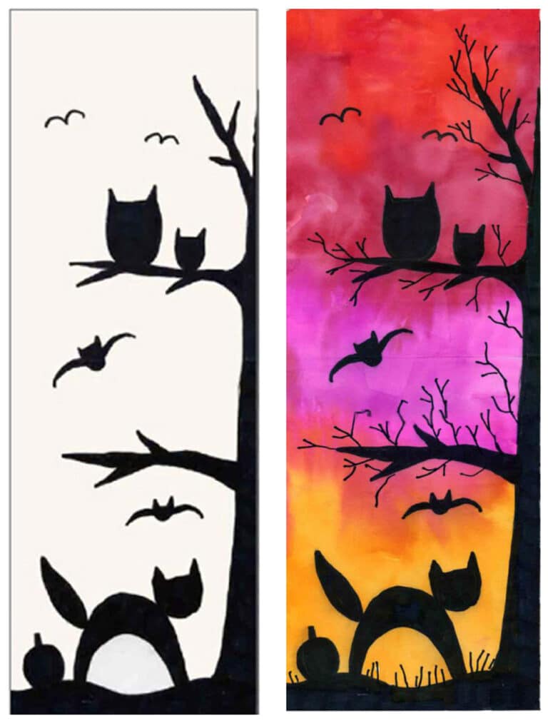 Finished Halloween painting for kids with tree, cat, and pumpkin.