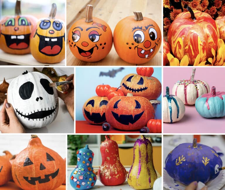 Collage of seven pumpkin painting ideas for kids from preschool to 5th grade