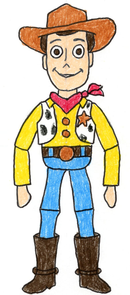 Finished cartoon drawing of Woody from Toy Story with hat, vest, and friendly smile