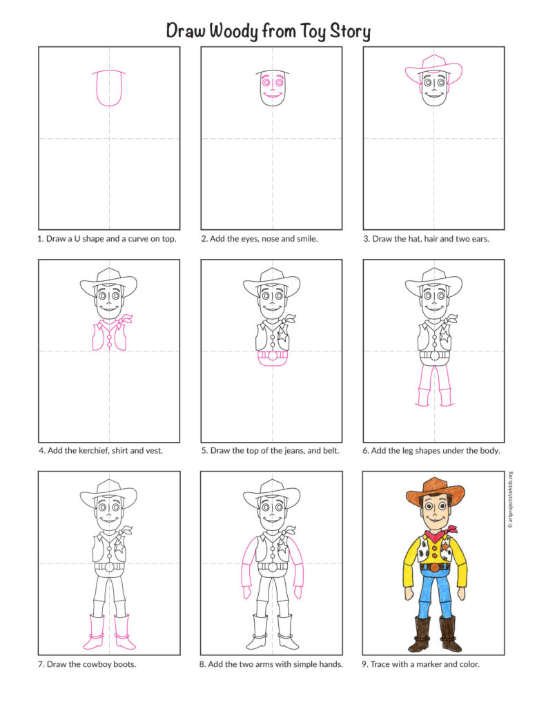 Step-by-step how to draw Woody from Toy Story tutorial preview for kids