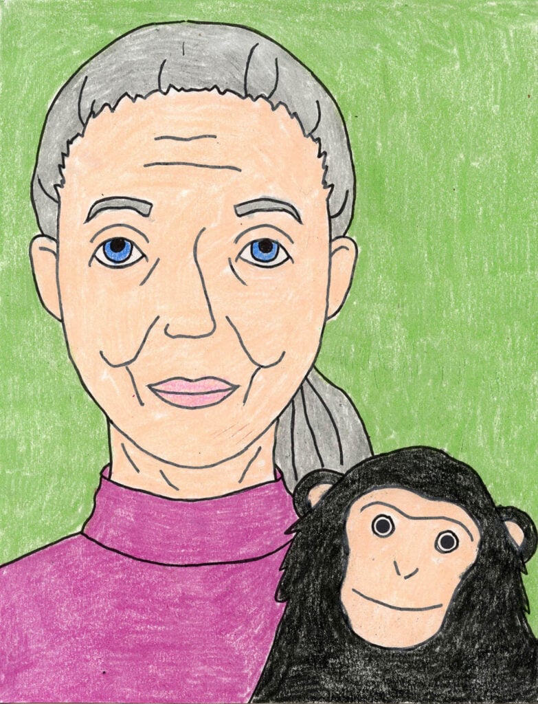 A drawing of Jane Goodall, made with the help of a step by step tutorial.