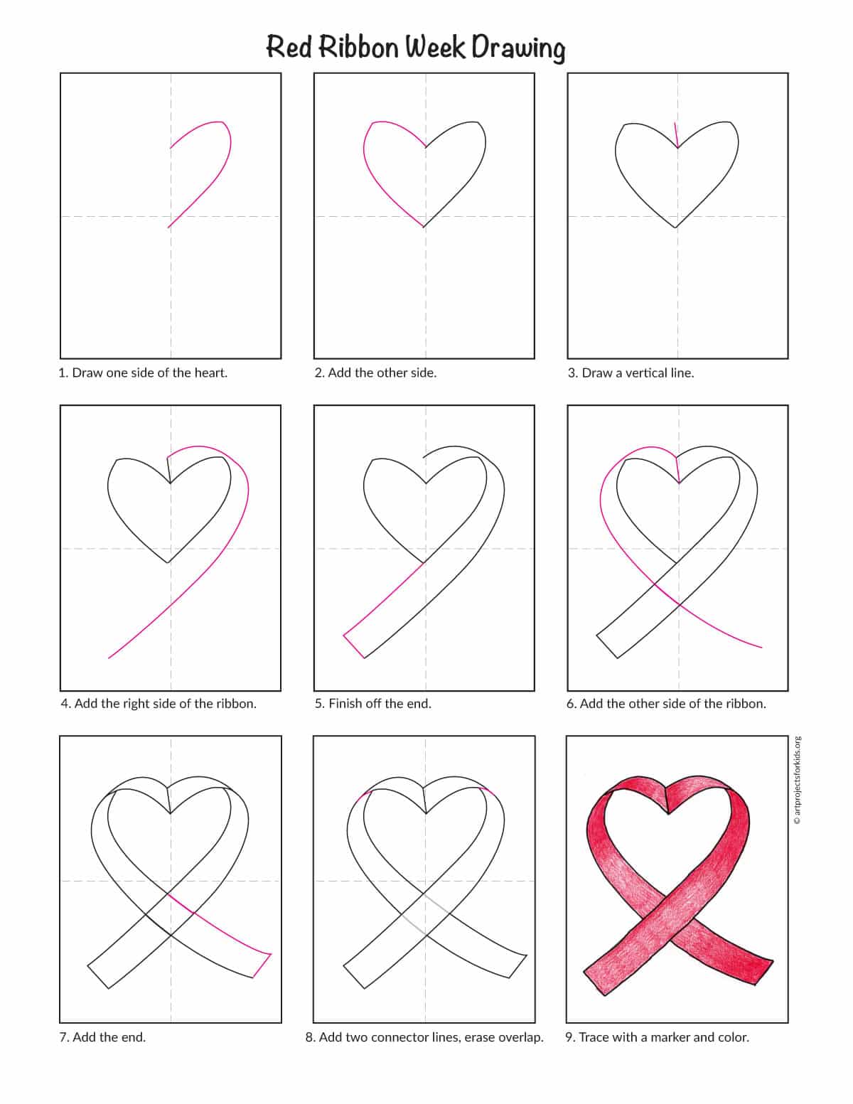 Red Ribbon Week Drawing: Easy Heart Ribbon Art Project for Kids