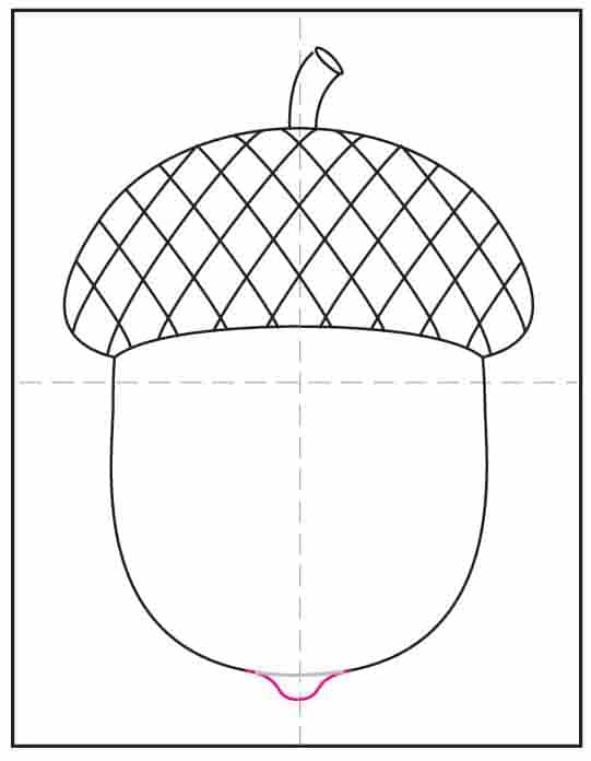 Step 8 in how to draw an acorn adds a small bump to the bottom of the nut