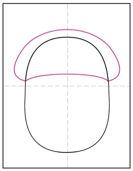 Step 2 in how to draw an acorn adds a cap shape over the oval
