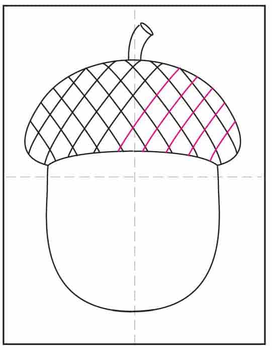 Step 7 of how to draw an acorn finishes crosshatch pattern on the acorn cap