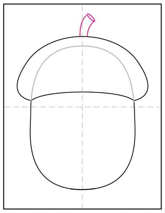 Step 3 of how to draw an acorn adds a small curved stem on top of the cap