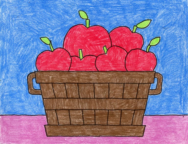 Finished apple basket drawing with colored apples and detailed basket