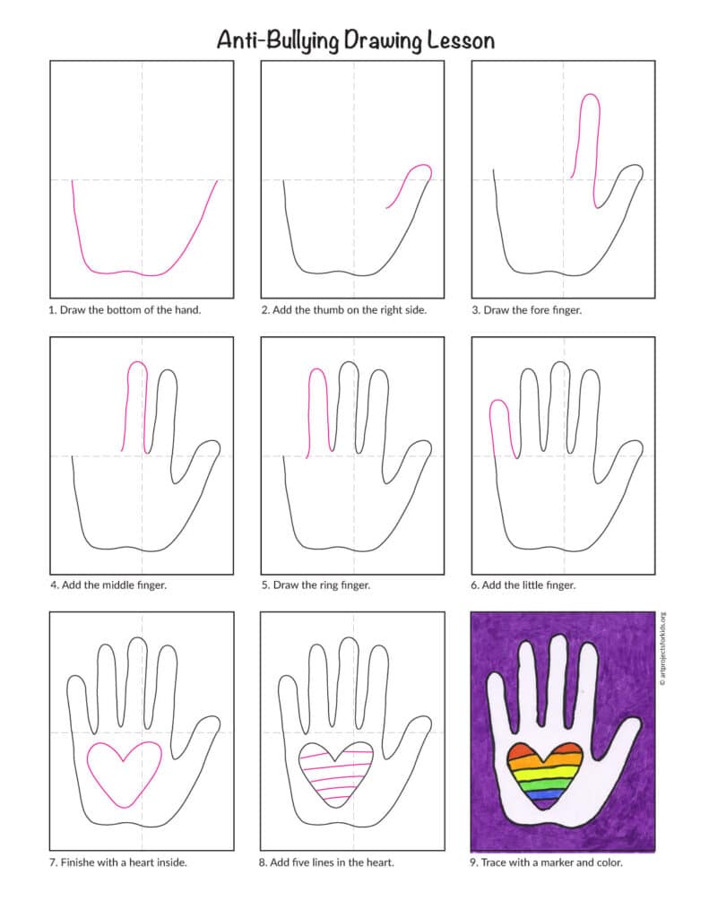 Step-by-step bullying drawing tutorial preview with nine easy steps