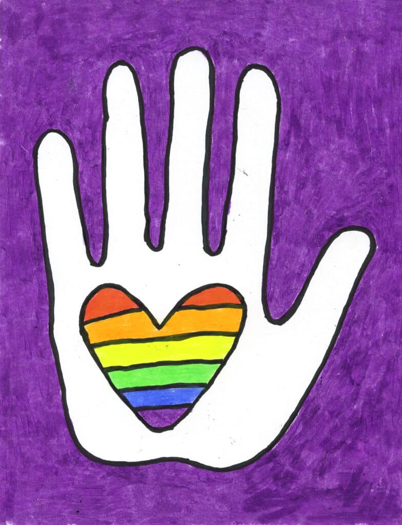 Finished bullying drawing with rainbow heart inside traced hand