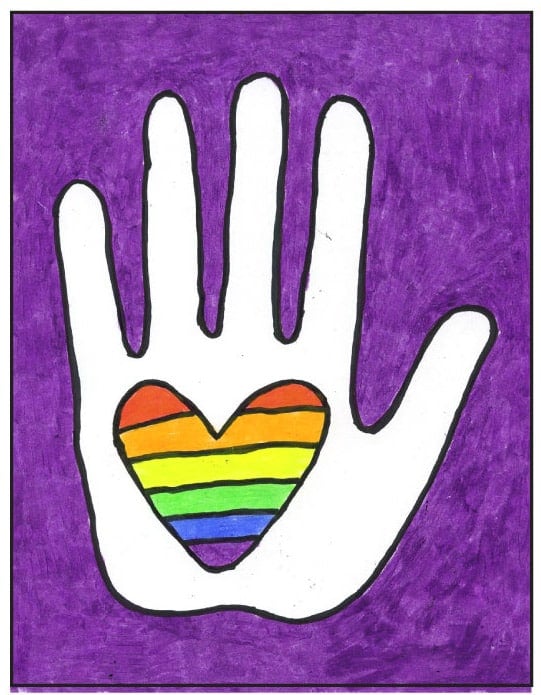 Step 9 bullying drawing with hand outlined and heart colored in rainbow stripes