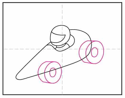Step 4 showing how to draw the right front and rear wheels on F1 car