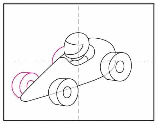 Step 5 of F1 car drawing adding left wheels for 3D look