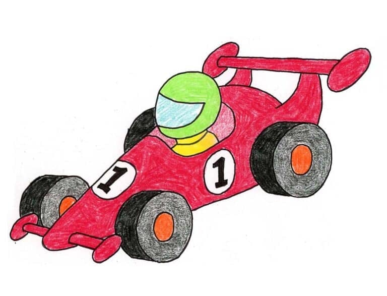 Finished F1 car drawing colored with crayons and shading on wheels