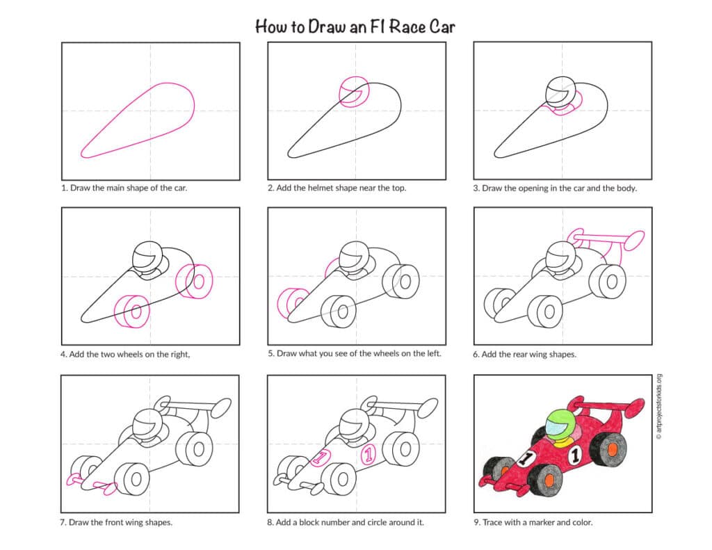 Preview of step-by-step F1 car drawing tutorial for kids
