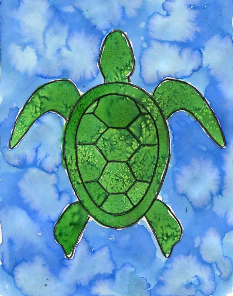 Finished Indigenous Peoples turtle drawing with watercolor and texture techniques