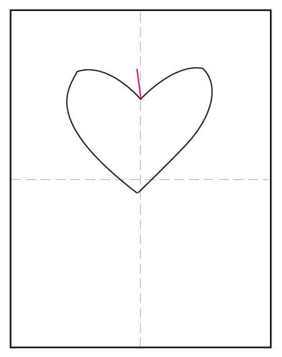 Step three of red ribbon heart drawing with vertical ribbon line added