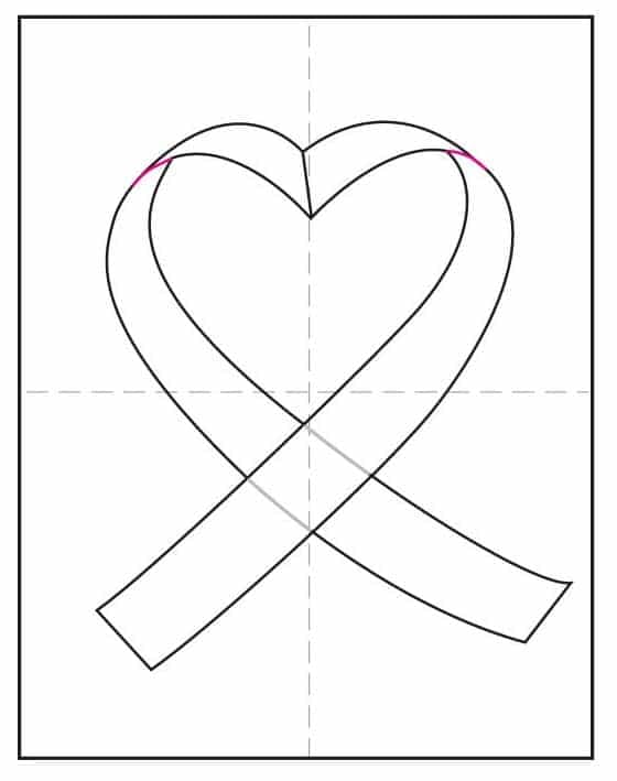 Step eight of red ribbon heart drawing with fold lines added and overlaps erased