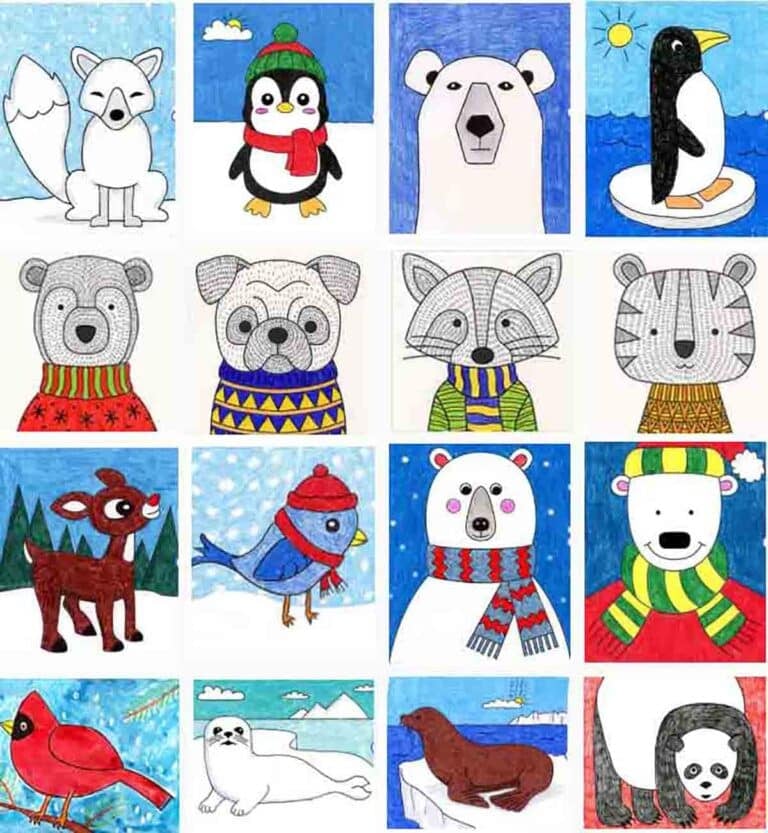 16 Winter Animals Directed Drawing: Easy Art Lessons for Kids
