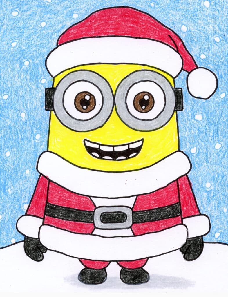 Finished Christmas Minion drawing in Santa hat and red suit