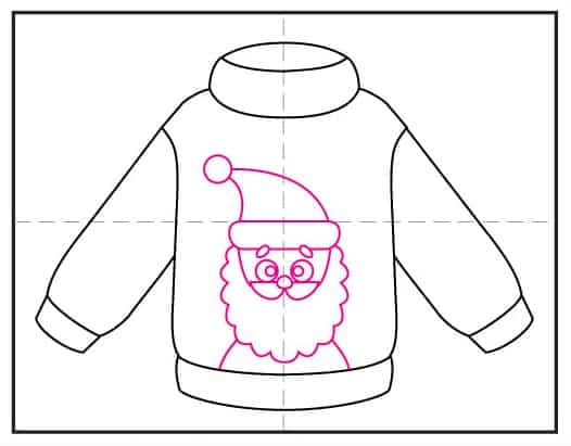Step 5 of sweater drawing: draw a cartoon Santa face on the sweater