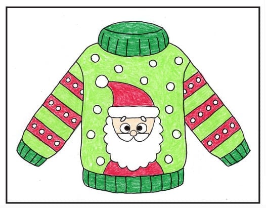 Step 9 of sweater drawing: trace in marker and color the sweater