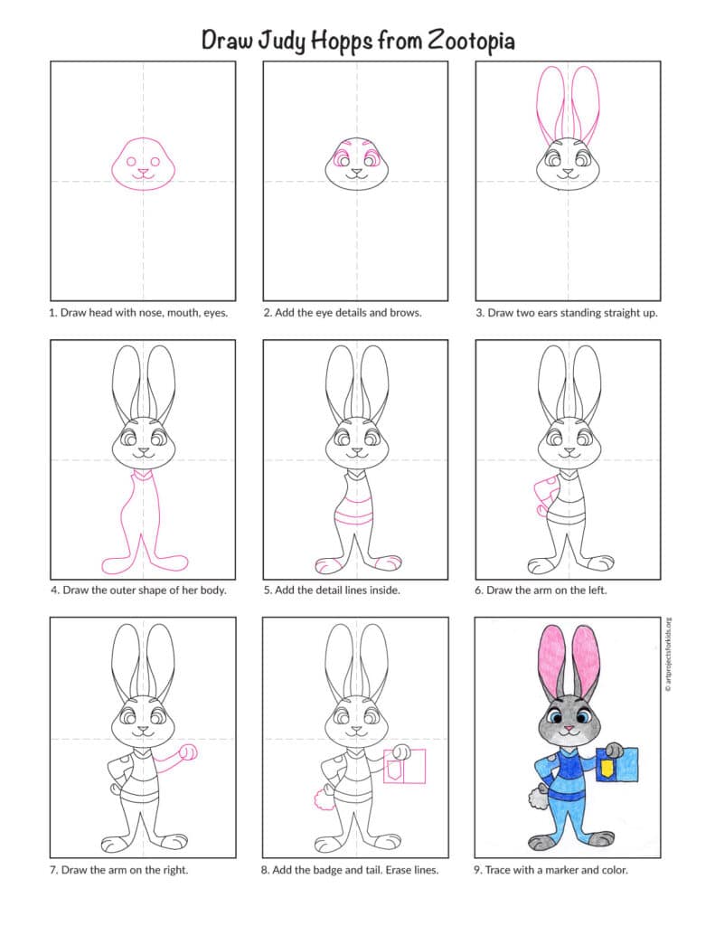 9-step how to draw Judy Hopps diagram showing the full drawing process from sketch to color.