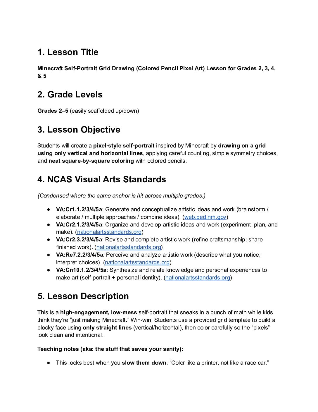 Minecraft Self Portrait Lesson Plan