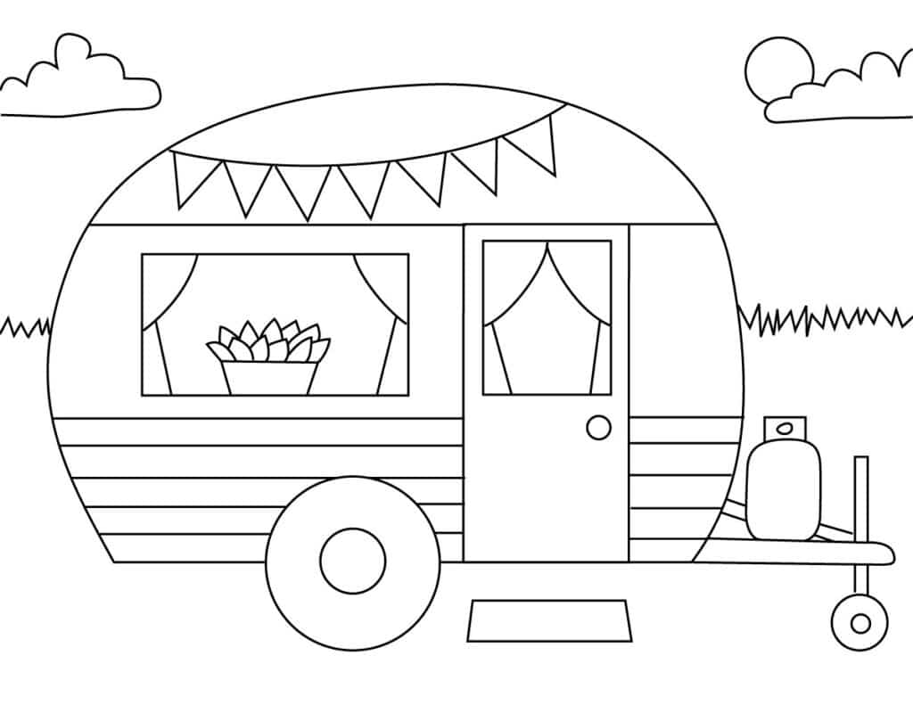 Van drawing coloring page of a kid-friendly camper van with windows ready to decorate.