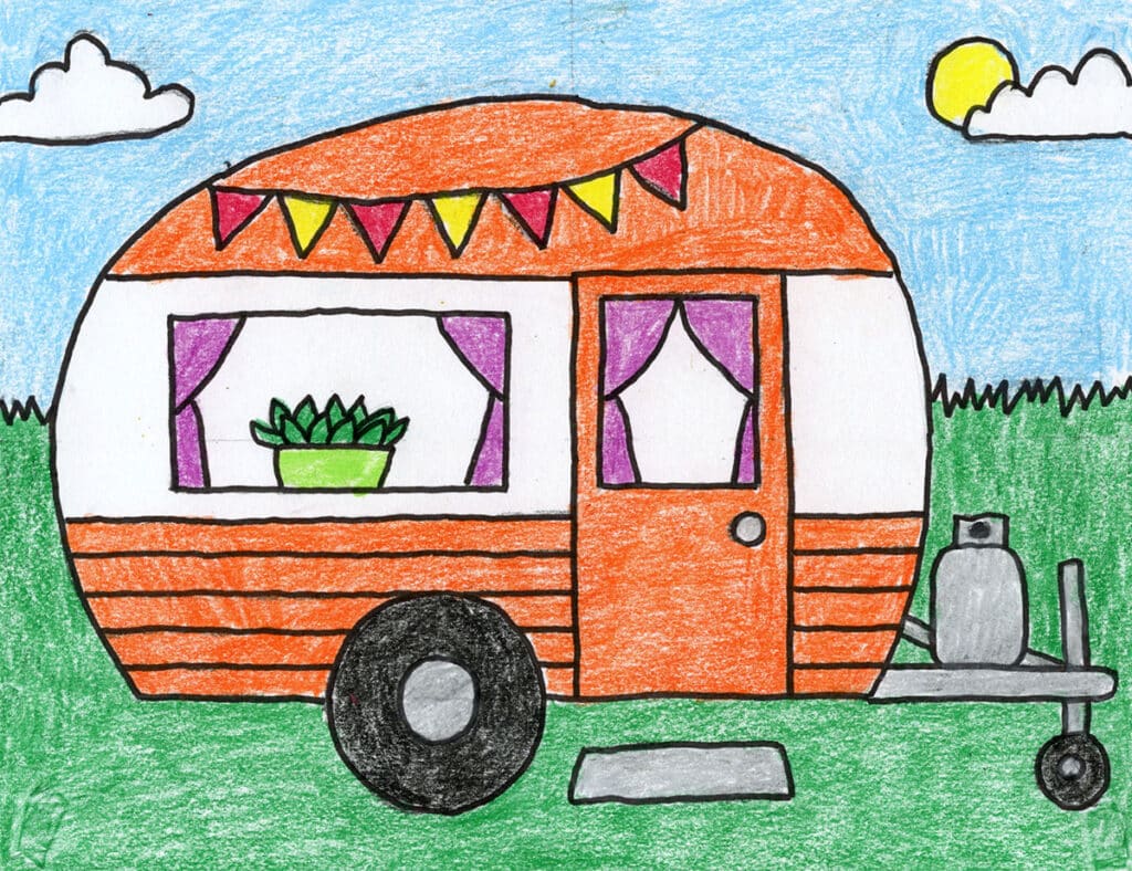 Finished van drawing sample of a cozy camper van with curtains, windows, and a banner.