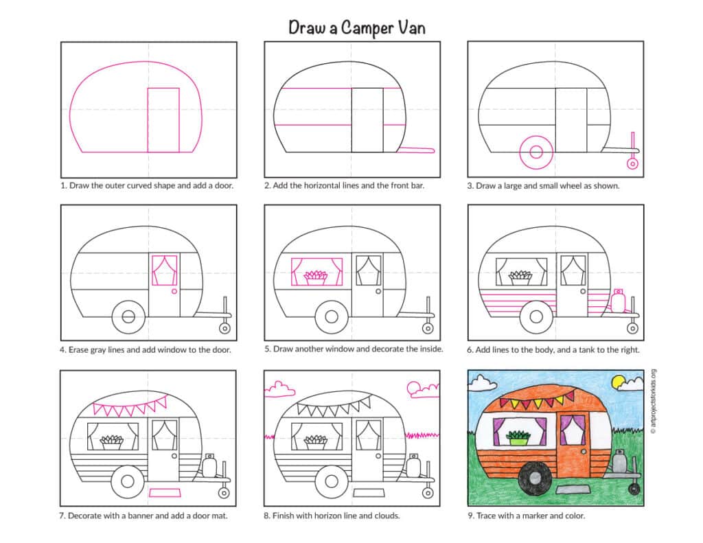 Preview of the van drawing step-by-step tutorial showing how to draw a camper van for kids.