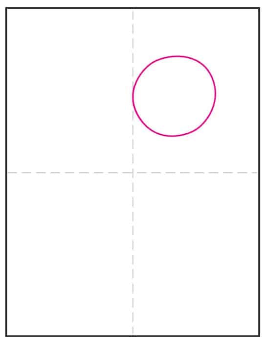 Yoshi drawing step 1: draw a large circle for the nose to start with big shapes.