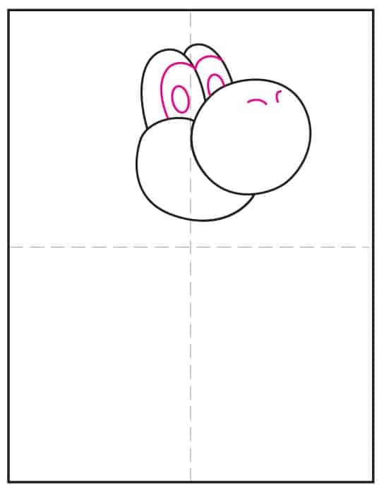 Yoshi drawing step 3: draw pupils and nostrils to begin adding details.