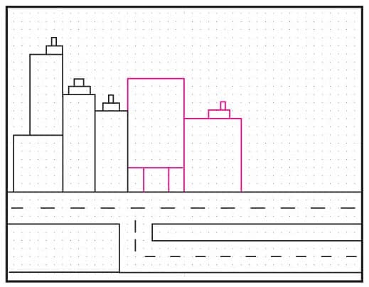 Step 4 add more buildings to draw like artist Stephen Wiltshire cityscape on dot grid.