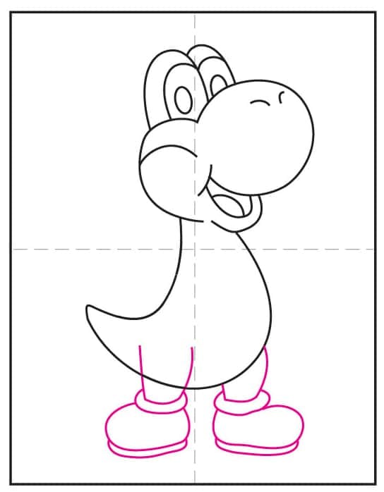 Yoshi drawing step 6: add two leg shapes with simple rounded forms.
