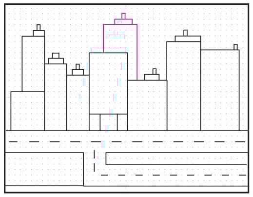 Step 6 add background buildings for depth to draw like artist Stephen Wiltshire cityscape.