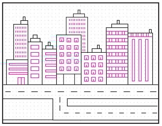 Step 7 add windows in repeating patterns to draw like artist Stephen Wiltshire cityscape.