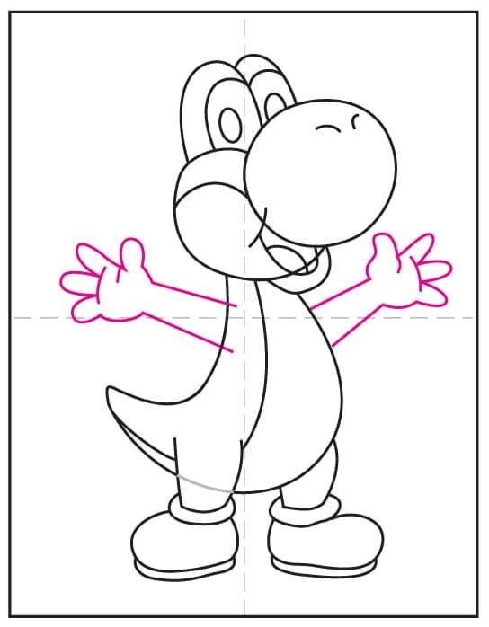 Yoshi drawing step 7: draw two arms using easy tube-like shapes.