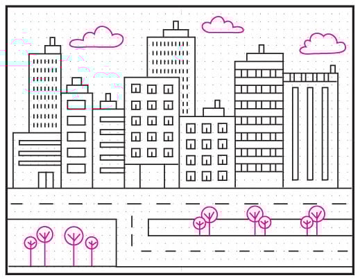 Step 8 add trees and landscaping details to draw like artist Stephen Wiltshire cityscape.