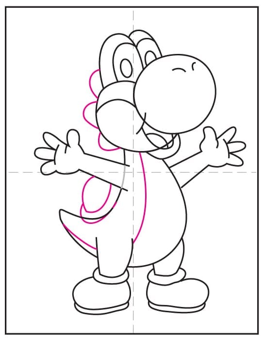 Yoshi drawing step 8: add the back shell and rounded spikes.