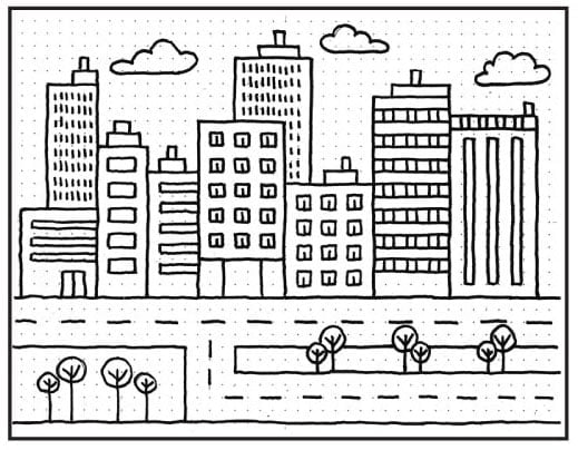 Step 9 trace final lines with black marker to draw like artist Stephen Wiltshire cityscape.