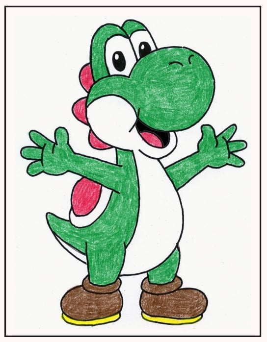 Yoshi drawing step 9: trace the final lines and color Yoshi.