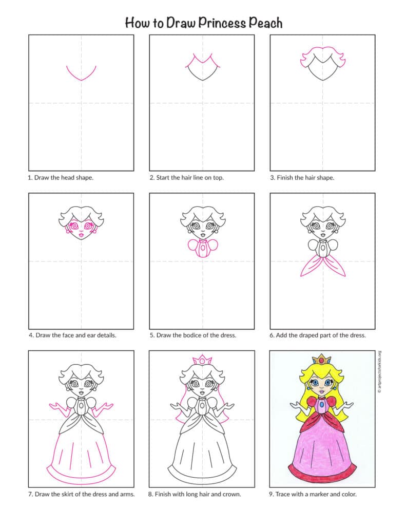 Preview of the princess peach drawing steps for an easy classroom art lesson.