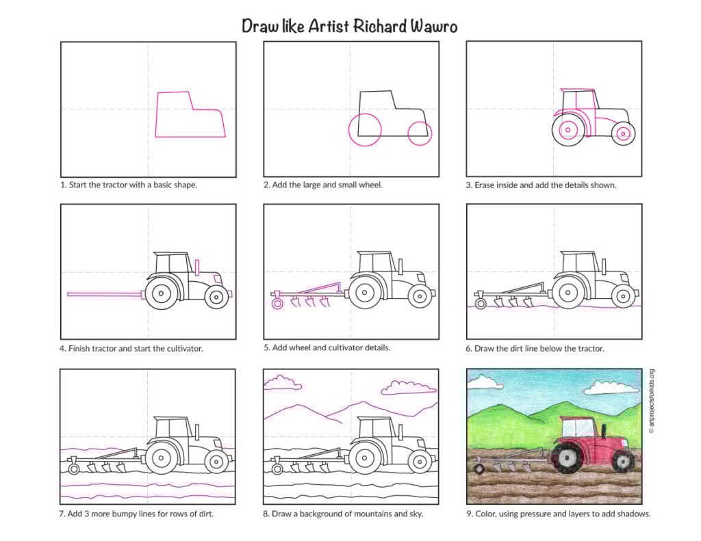 Preview of the Richard Wawro art lesson step-by-step instructions for drawing a tractor and cultivator.