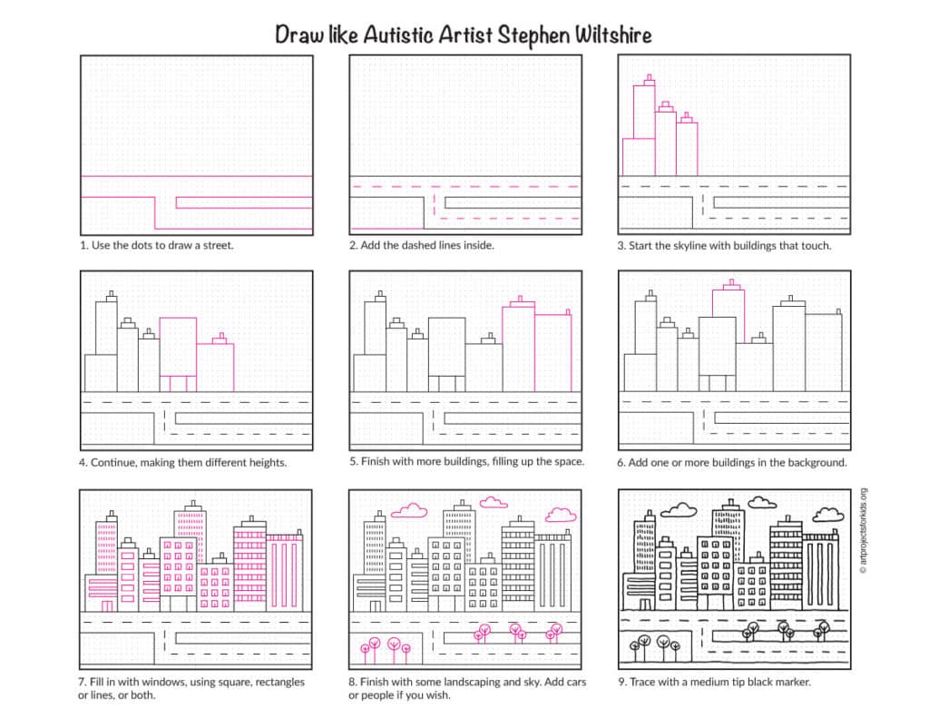 Step-by-step preview to draw like artist Stephen Wiltshire with a dot grid cityscape lesson.